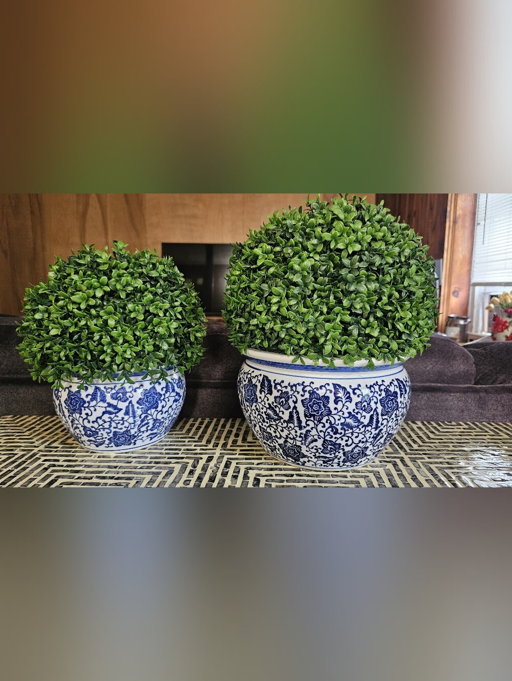 Blue and White Floral Ceramic Planter with Green Topiary - Home Accents